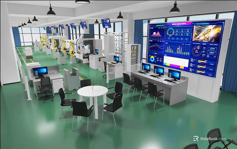 Modern School Smart Factory Laboratory With Advanced Equipment Screens Charts And Computer Desks 3d model 