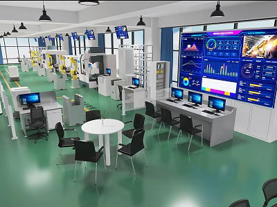 Modern School Smart Factory Laboratory With Advanced Equipment Screens Charts And Computer Desks 3d model