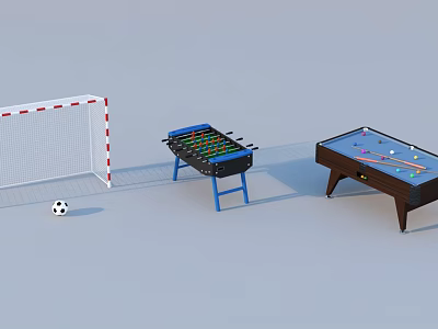 Indoor Recreational Sports Equipment Including Soccer Goal Foosball Table Billiard Table And Soccer Ball 3d model