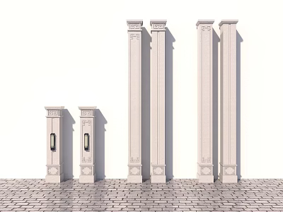 Ornate Columns Of Various Heights With Decorative Details On White Background And Brick Floor 3d model