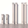 Ornate Columns Of Various Heights With Decorative Details On White Background And Brick Floor