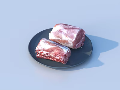 Two Pieces of Fresh Raw Meat on Black Plate with Light Blue Background 3d model