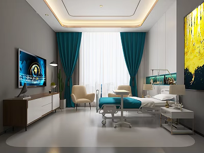 Modern Medical Room Interior With Bed TV Green Curtains And Equipment 3d model