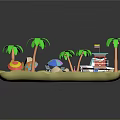 Cartoon Beach Scene With Palm Trees Colorful Umbrella White Boat And Lifeguard Hut