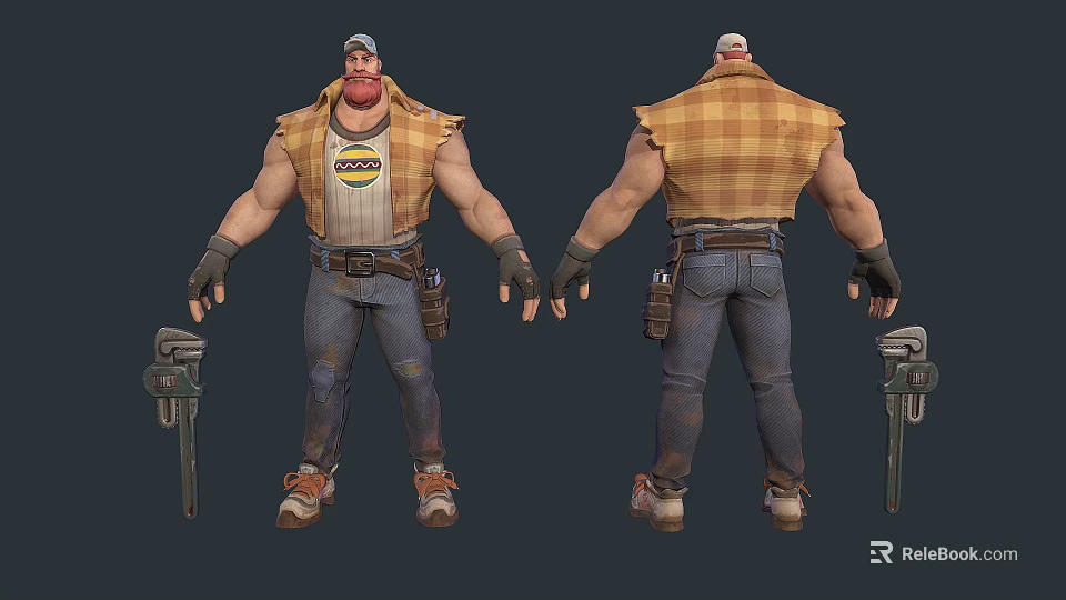 Muscular Man in Plaid Vest White T-shirt Jeans Tool Belt and Cap Front Back View 3d model 