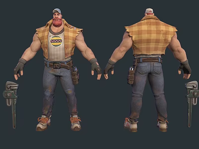 Muscular Man in Plaid Vest White T-shirt Jeans Tool Belt and Cap Front Back View 3d model