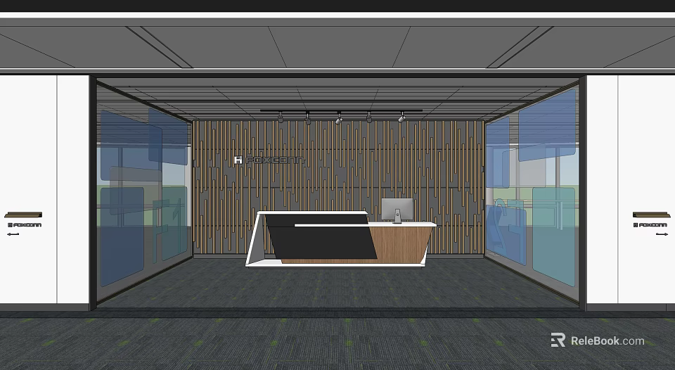Modern Reception Area Interior Design With Wooden Accent Wall Glass Partitions And Stylish Desk 3d model 
