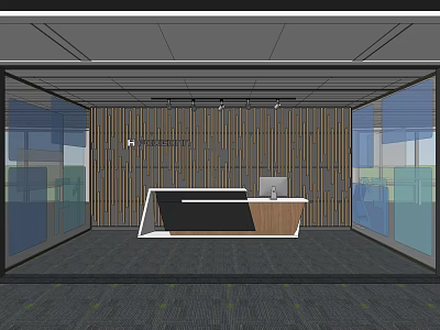 Modern Reception Area Interior Design With Wooden Accent Wall Glass Partitions And Stylish Desk 3d model