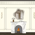 Marble Fireplace With Fire Irregular Mirror And Wall Sconces On Light Colored Walls Wooden Floor