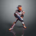 Futuristic Game Character In White And Orange Armor Holding Weapon In Combat Stance