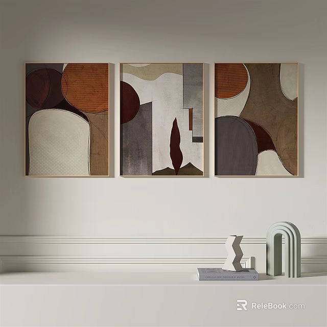 Abstract Geometric Wall Art with Neutral Tones and Decorative Objects on Shelf 3d model