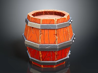 Decorative Wooden Barrel Ornament Set In Reddish Brown With Metal Hoops And Wood Grain 3d model