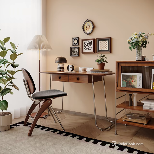 Wooden Desk With Table Lamp Small Plant Clock Mug Decorative Paintings Round Mirror And Bookshelf 3d model 