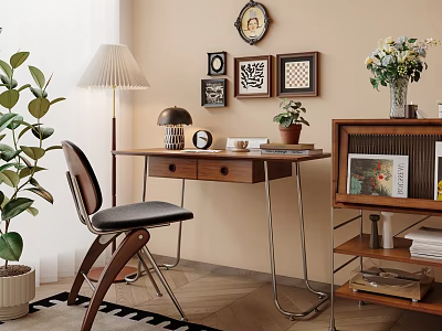 Wooden Desk With Table Lamp Small Plant Clock Mug Decorative Paintings Round Mirror And Bookshelf 3d model