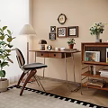 Wooden Desk With Table Lamp Small Plant Clock Mug Decorative Paintings Round Mirror And Bookshelf