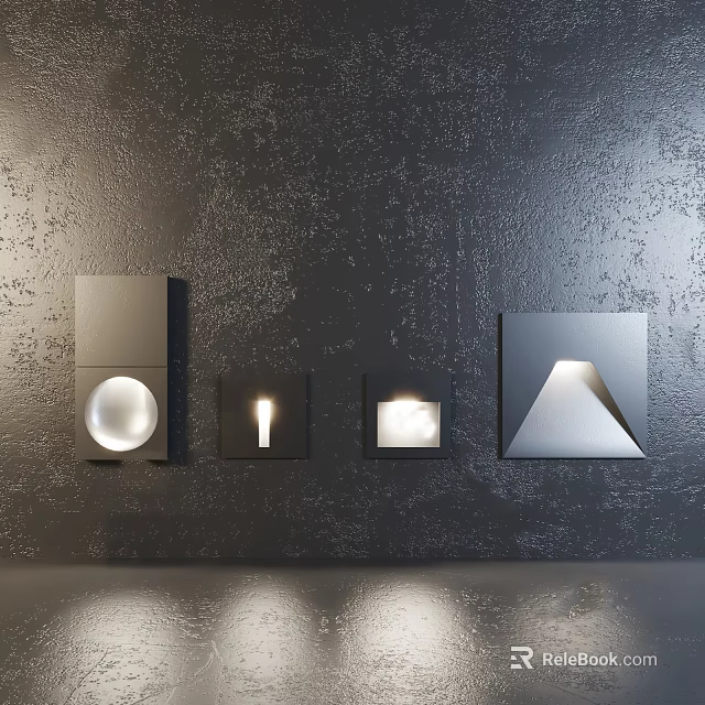 Modern Geometric Wall Lamps With Various Shapes Illuminating Dark Textured Wall 3d model 
