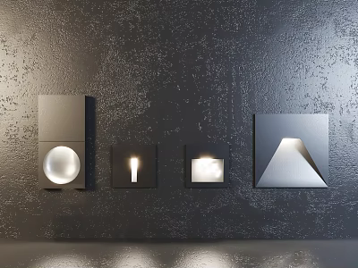 Modern Geometric Wall Lamps With Various Shapes Illuminating Dark Textured Wall 3d model