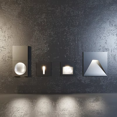 Modern Geometric Wall Lamps With Various Shapes Illuminating Dark Textured Wall 3d model