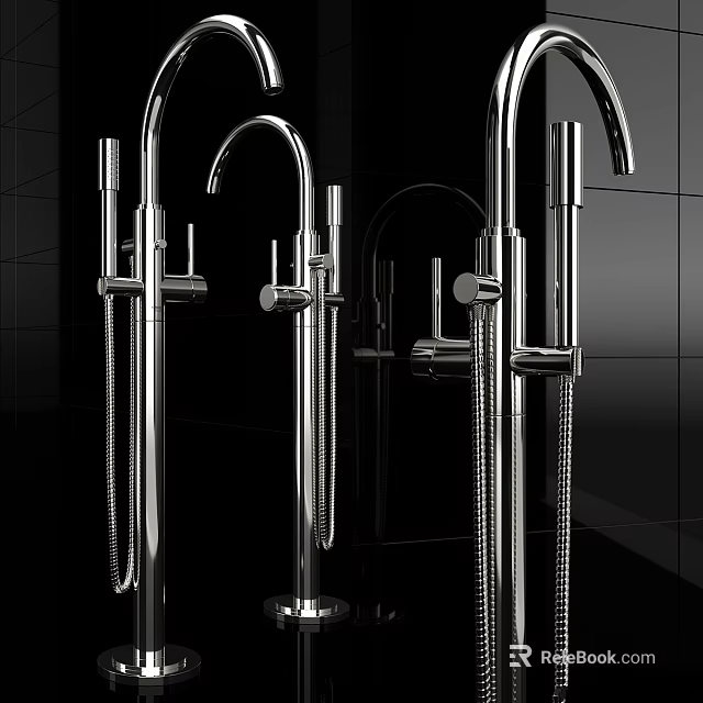 Modern Chrome Faucets With High Arc Design And Pull Down Spray Functions In Black Tile Setting 3d model