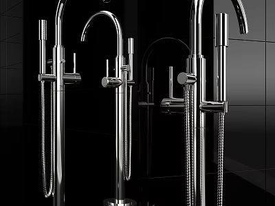 Modern Chrome Faucets With High Arc Design And Pull Down Spray Functions In Black Tile Setting 3d model