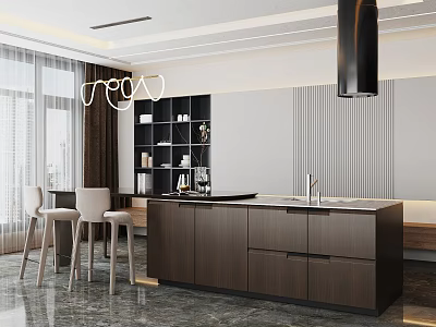 Modern Restaurant Interior Design With Wooden Dining Tables Hanging Pendant Lights And Comfortable Seats 3d model