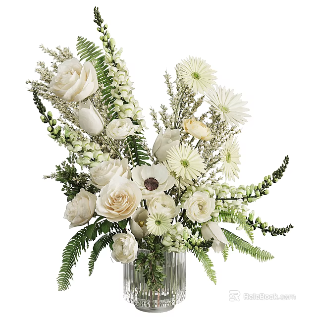 Elegant White Flowers Arrangement in Clear Glass Vase with Roses Daisies Tulips and Ferns 3d model 