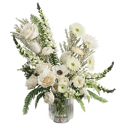 Elegant White Flowers Arrangement in Clear Glass Vase with Roses Daisies Tulips and Ferns 3d model