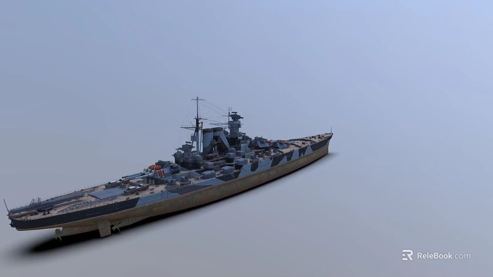 Realistic Battleship Warship Featuring Upper Deck Main Turrets And Hull Design 3d model