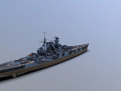 Realistic Battleship Warship Featuring Upper Deck Main Turrets And Hull Design 3d model