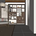 Cozy Chinese Style Leisure Chair With Wooden Bookshelves Lantern Bamboo Decor Gray Red Cushions