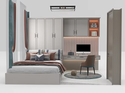 Tatami Bedroom Interior With Platform Bed Storage Cabinets Desk And Decorative Pillows 3d model