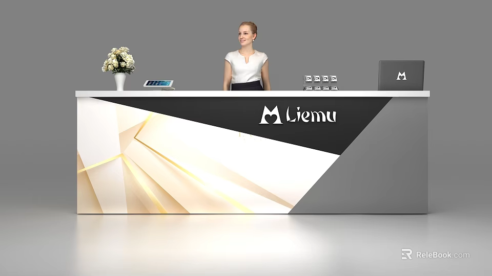 Modern Liemu Reception Desk With Geometric Design Vase Tablet Laptop And Woman 3d model 