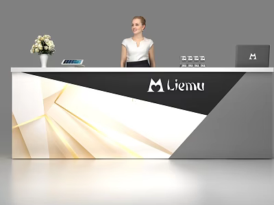 Modern Liemu Reception Desk With Geometric Design Vase Tablet Laptop And Woman 3d model