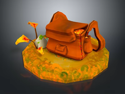 Stylish Orange Bag Decorated With Yellow Flowers And Green Leaves On Orange Green Patterned Base 3d model