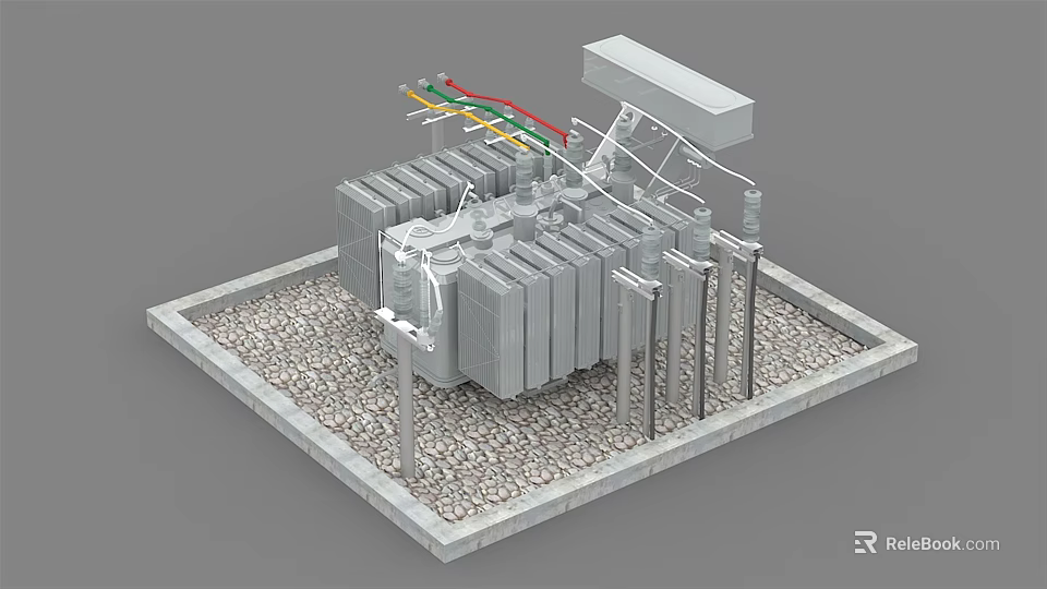 Industrial Electrical Transformer With Metal Structure Gravel Base And Colorful Three Phase Cables 3d model 