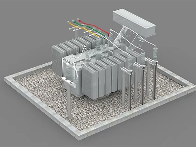 Industrial Electrical Transformer With Metal Structure Gravel Base And Colorful Three Phase Cables 3d model