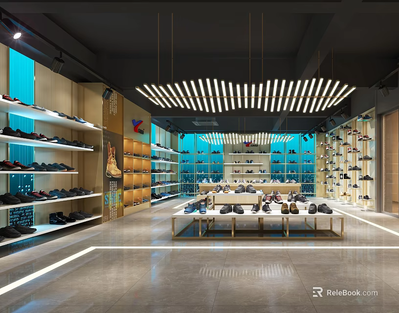 Modern Shoe Store Interior Design With Multiple Shelves Displayed Shoes And Pendant Lights 3d model 