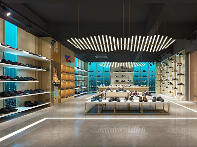 Modern Shoe Store Interior Design With Multiple Shelves Displayed Shoes And Pendant Lights 3d model