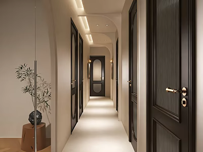 Modern Hotel Corridor Featuring Dark Wooden Doors Gold Handles Recessed Lighting And Decorative Plant 3d model