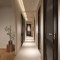 Modern Hotel Corridor Featuring Dark Wooden Doors Gold Handles Recessed Lighting And Decorative Plant