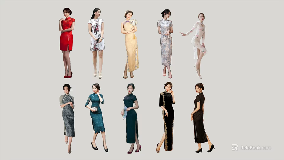 Group of Women Wearing Traditional Cheongsam in Various Colors and Styles 3d model 