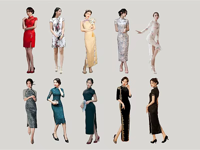 Group of Women Wearing Traditional Cheongsam in Various Colors and Styles 3d model