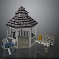 Detailed Miniature Garden Scene With Gazebo Small House Swing And Watering Can