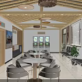 Tourist Center Interior With Wooden Ceiling Pendant Lights Waiting Benches Tables And Counter