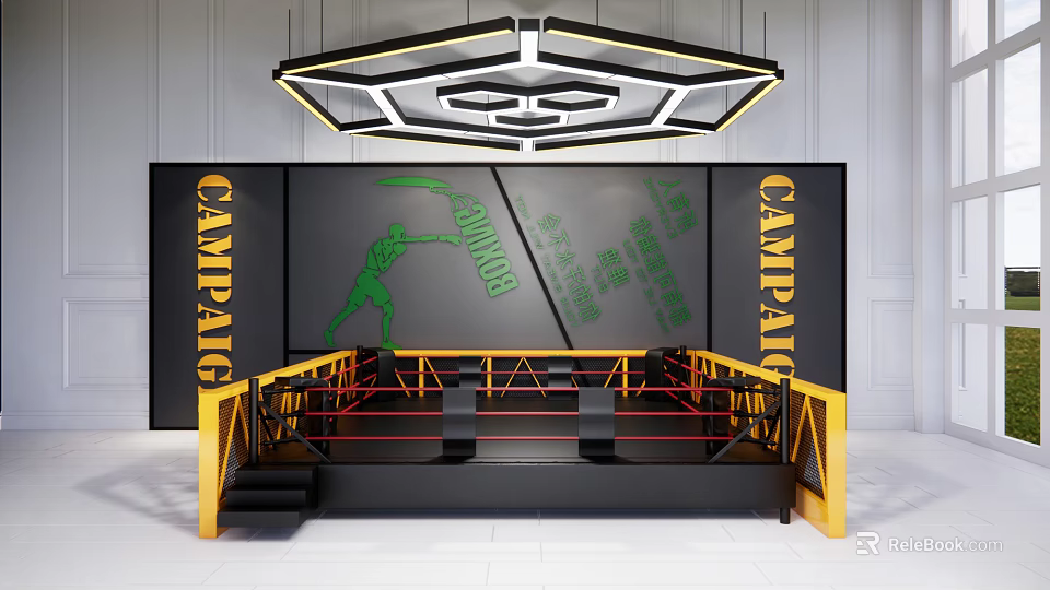 Professional Boxing Training Ring With Green Boxer Silhouette And Yellow Rails 3d model 
