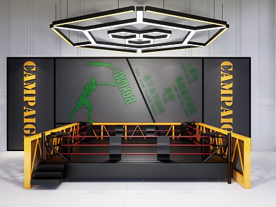 Professional Boxing Training Ring With Green Boxer Silhouette And Yellow Rails 3d model