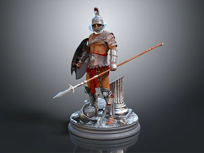 Game Movie Character Roman Soldier 3D Model With Helmet Shield Spear And Column Base 3d model