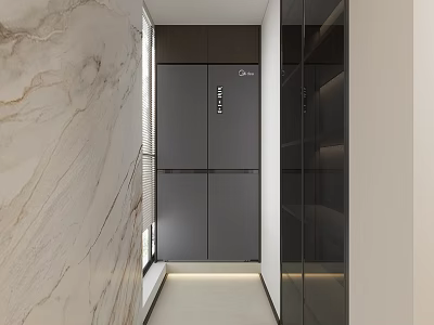 Modern Interior Space With Sleek Black Refrigerator Freezer And Marble Wall Design 3d model
