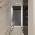 Modern Interior Space With Sleek Black Refrigerator Freezer And Marble Wall Design