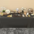 Coffee Break Area With Black Tablecloth Pastries Desserts Orchids And Tiered Stands